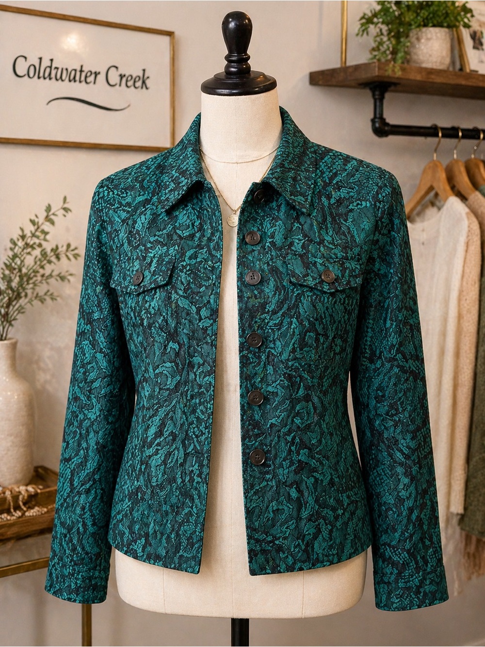COLDWATER CREEK SIZE SMALL PETITE Teal Black Textured Jacquard Jacket-BLAZER